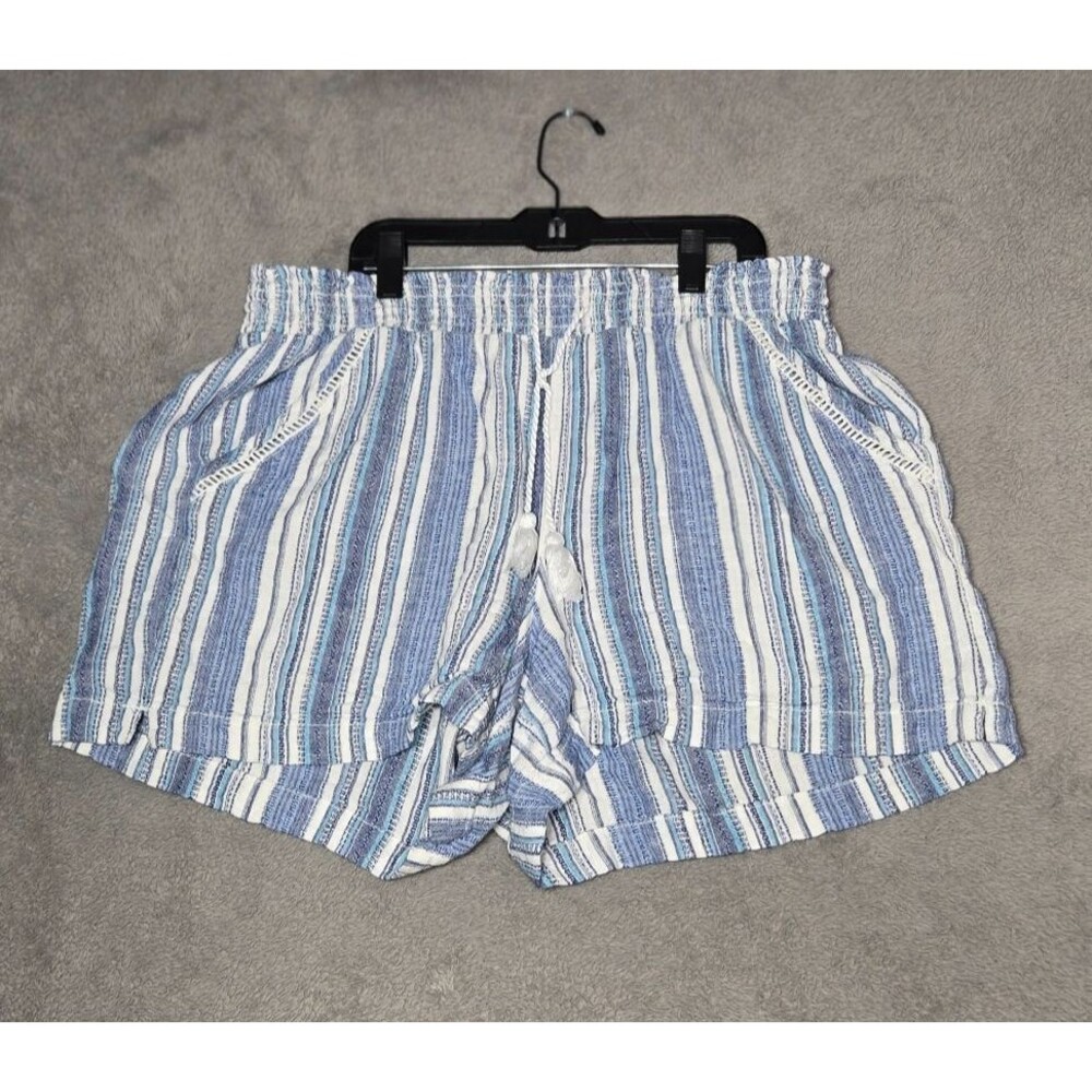 Briggs Striped Linen Blend Shorts Women's XL Elastic Waist Pockets Tassle Tie